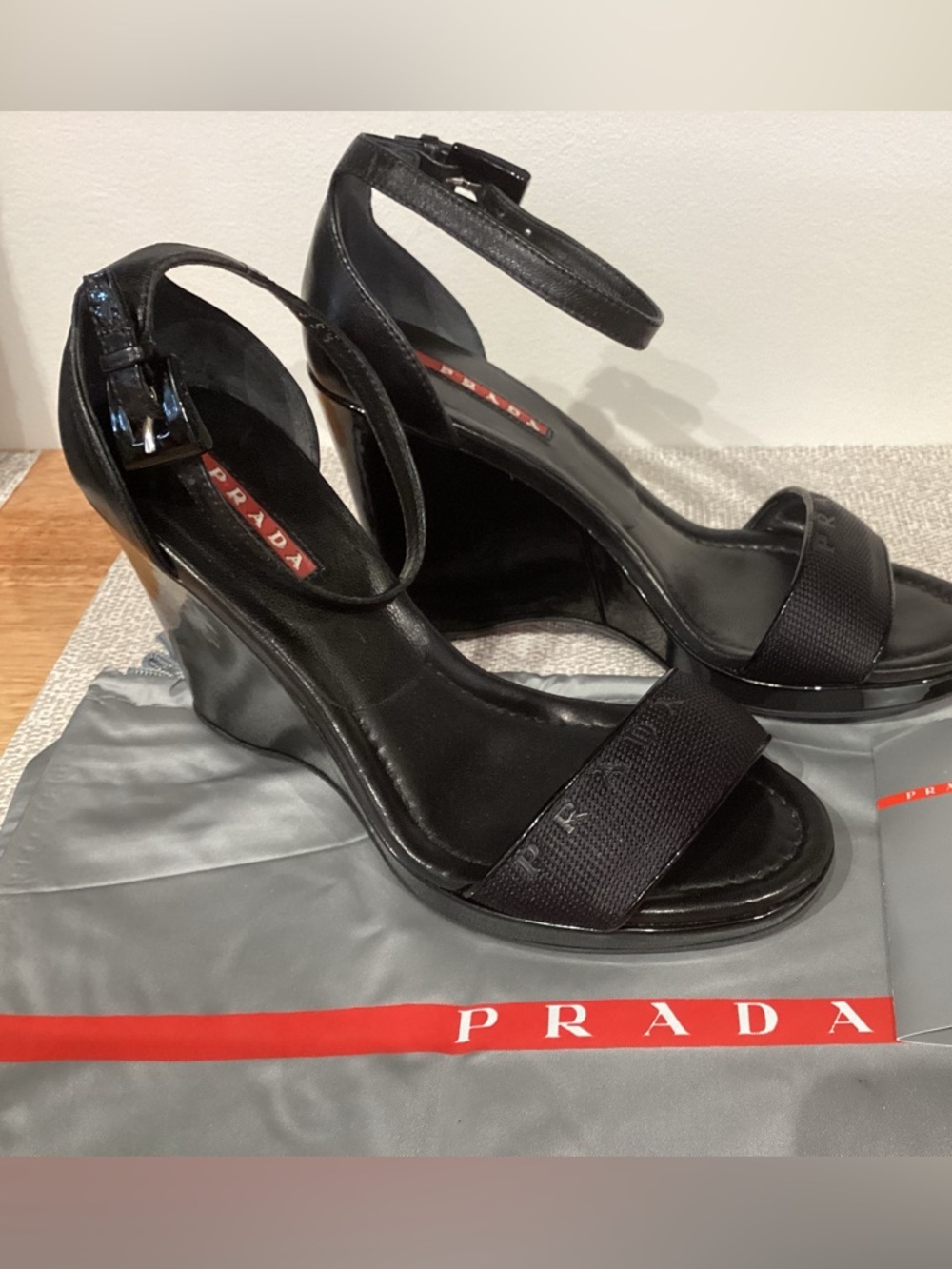 Prada Black Patent Leather Strap Wedge Sandal Size 35.5 US 5 1/2